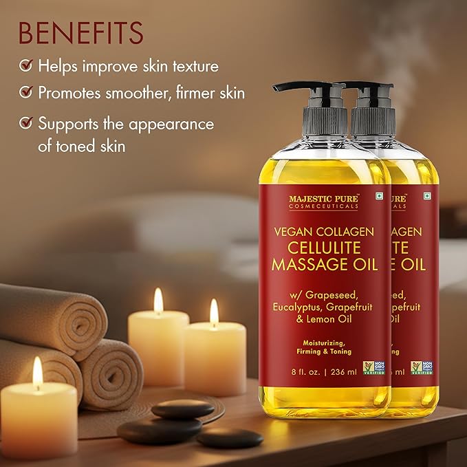 Majestic Pure Firming Body Massage Oil with Collagen – Helps Smooth The Appearance of Cellulite & Improve Skin Texture – Refreshing Aromatherapy Body Oil for Legs & Full Body – 8 Fl Oz Pack of 2