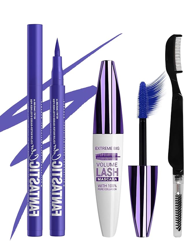 Waterproof Blue Mascara&Liquid Eyeliner Pen Set,Volumizing Colored 5D Fiber Mascara for Eyelash Volume and Length Máscara,Longlasting Smudgeproof Matte Color Eye Liner Pencil Women Party Stage Use