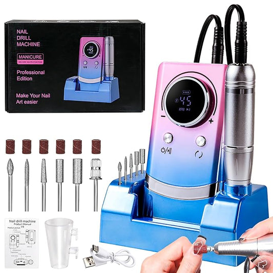 ANRLO Professional Electric Nail Drill, 45000 RPM Cordless Rechargeable E-File Machine, with 12 Bits, Sanding Bands, LCD Display for Acrylic Gel Nails (DMJ-V8-Color-USB)