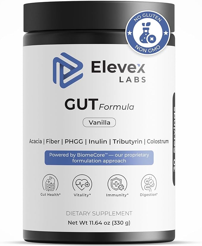 Elevex Gut Health Powder – 3g Colostrum (30% IgG) + Tributyrin (≥60% Butyrate Purity) + PHGG Prebiotics – Gut Lining, Gut–Brain & Bloating Support – BiomeCore™ – 30 Servings (Vanilla)