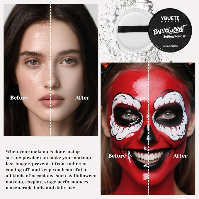 Black White Light Blue Face Body Paint Stick Set with Translucent Setting Powder and Sponges, Professional Full Coverage Face Painting for Adult Halloween Cosplay SFX Corpse Bride Skull Makeup