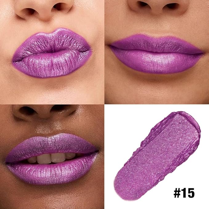 Purple Shimmer Metallic Moisturizing Glow Plumping Lipstick Makeup, Lipstick with Metallic 3D Shine Lightweight Hydrating Formula, Glitter Lip Gloss Stain Long Lasting Waterproof (15#Purple)