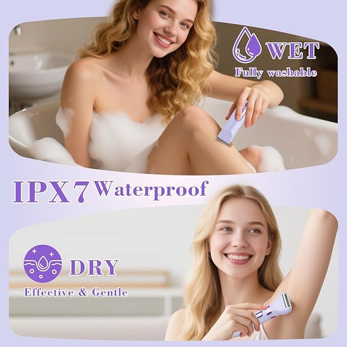 Hatteker 4-in-1 Women's Electric Razor, Dual-Head Body Hair Trimmer for Women, IPX7 Waterproof Rechargeable Bikini Trimmer & Facial Hair Remover for Legs, Armpits, Face, Nose, Eyebrows, Purple