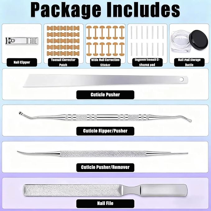 Ingrown toenail removal kit (Type A): Contains corrector, breathable/curved corrector strips, painless file, nail remover and pedicure tools, suitable for both men and women.