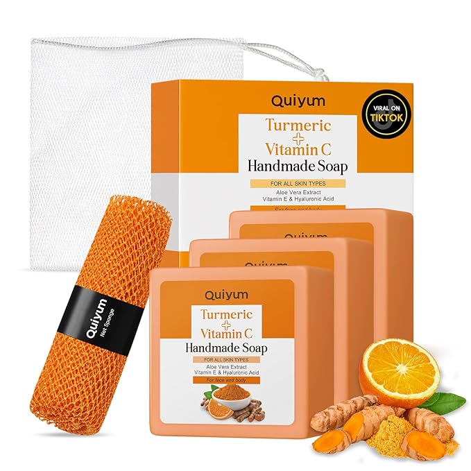 Natural Turmeric Soap Bar for Dark Spot- Vitamin C Dark Spot Remover for Face, Facial Skin Care Products, Even Skin Tone, 3 Pack with African Net Sponge (3.53 Oz/Pcs), Christmas Gift Stocking Stuffers