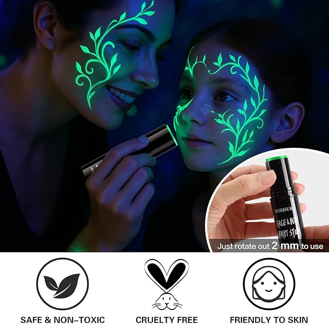 BOBISUKA Neon Green Face Body Paint Stick Water-Based Washable Glow In The UV Light Face Paint Makeup Stick for Halloween Witch Skull Robot Cyber Alien Cosplay SFX,Sports Eye Black & Costume Party