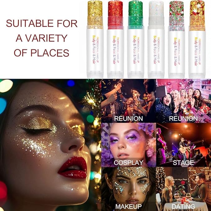 Gold Body Glitter Stick, Holographic Sparkling Neon Outfit Singer Concert Music Rave Festival Accessories Face and Body Glitter Gel Makeup.