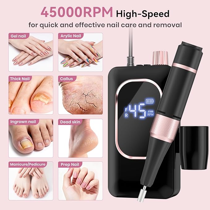 Professional Electric Nail Drill 45000RPM, Portable Nail File for Acrylic Gel Nails, Cordless Rechargeable Salon-Grade Ultra Power Nail Drill Kit for Shaping, Polishing & Removing Gel Nails,Black
