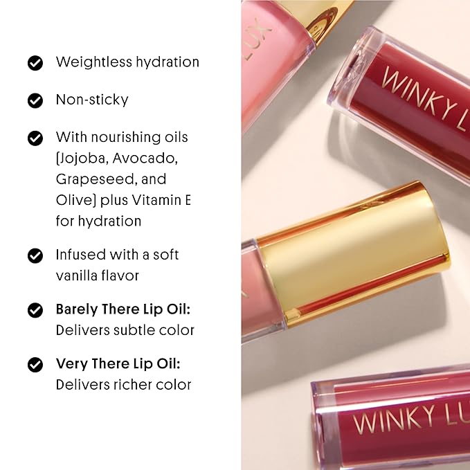 Winky Lux Luscious Barely There Sheer Tinted Lip Oil - Hydrating Lip Gloss Tint, Cool Pink Glossy Lip Balm, Juicy Non Sticky Long Lasting Formula, Infused with Jojoba Oil & Soft Vanilla Scent