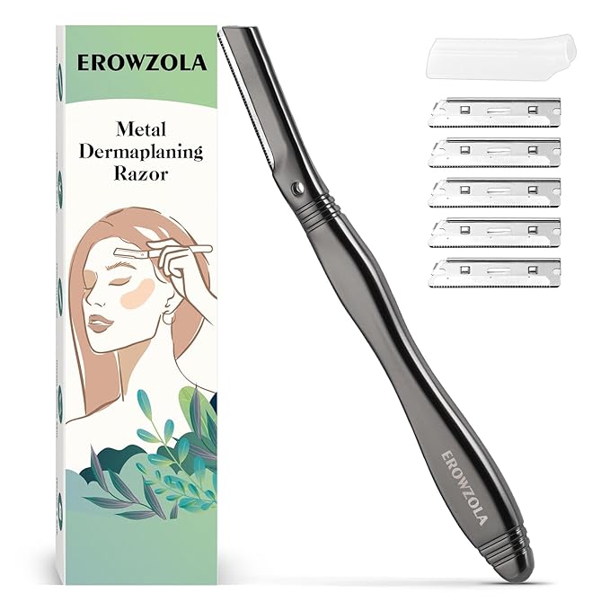 EROWZOLA Eyebrow Razor for Women and Men, Face Razors for Women, Dermaplane Razor with Protective Silicone Cover, Reusable Metal Handle with 6 Refill Blades, Skin Care Tool - Matte Black