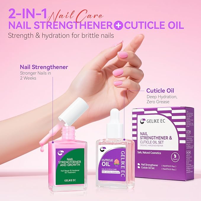 Gelike EC Nail Care Gift Set: Pink Fingernail Nail Growth Treatment & Peach Cuticle Oil 15ml - Cute & Fruity Manicure Set for Thin Peeling Nails - Women Mom Girlfriend Teens Girls Favorite
