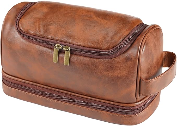 Sparklove Toiletry Bag for Men, Large Leather Shaving Kit, Travel Essentials, Gifts for Father, Dad, Boyfriend, Grandpa, Water-resistant Shaving Bag for Toiletries Accessories