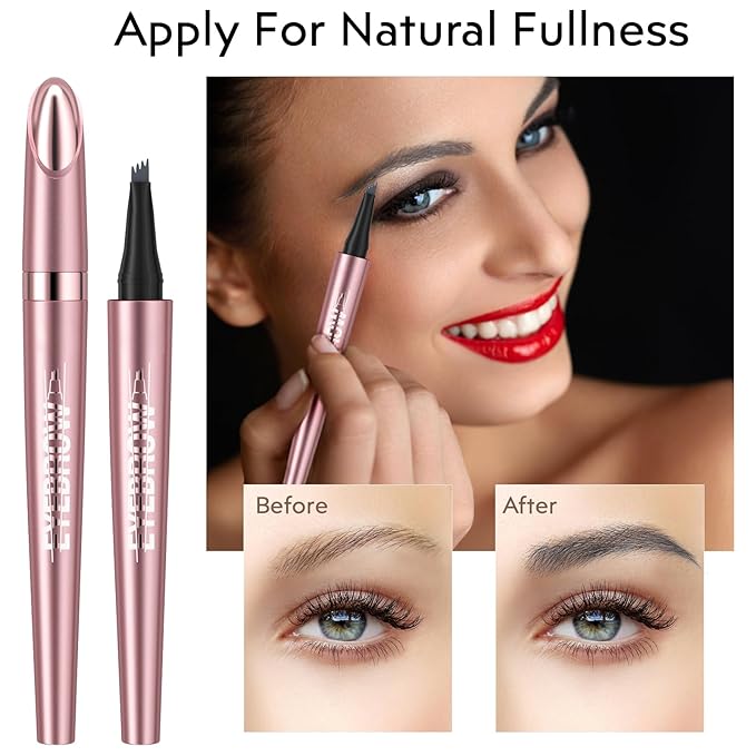 2Pcs Microblading Eyebrow Pen, Long-Lasting Waterproof Eyebrow Pencil with 4-Fork-Tip for 3D Realistic Brow, Easily Create Natural Hair-Like Brow Last All-Day, Eye Brow Pencils for Women -Gray