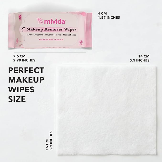 mivida Hypoallergenic Mini Pack Makeup Remover Wipes with Vitamin E, Alcohol Free, Fragrance Free Makeup Wipes for Sensitive Skin, Travel Size Plant Based - 10 Packs (80 Total Count)