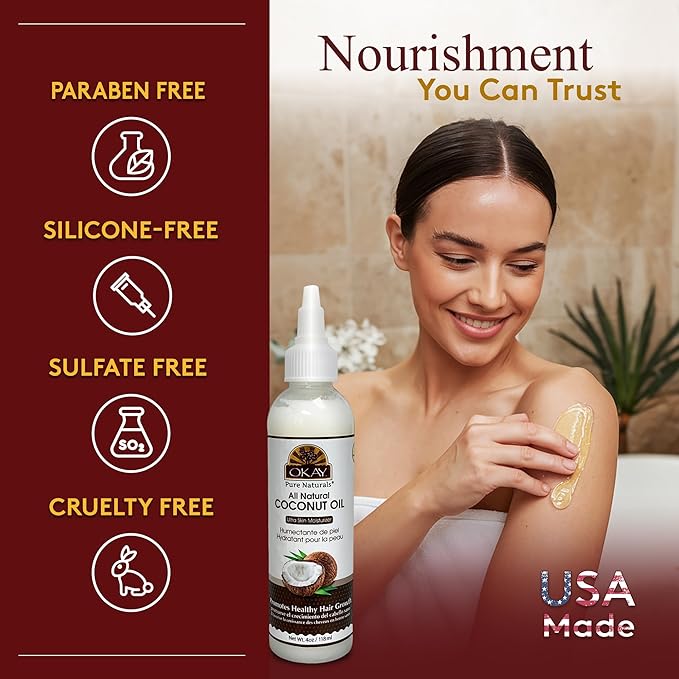 Okay 100% Pure Coconut Oil for Hair & Skin - Coconut Oil for Women & Men, Perfect for Body, Face, Natural Massage Oil & Moisturizer - 4 Fl Oz Squeeze Bottle (Pack of 2)