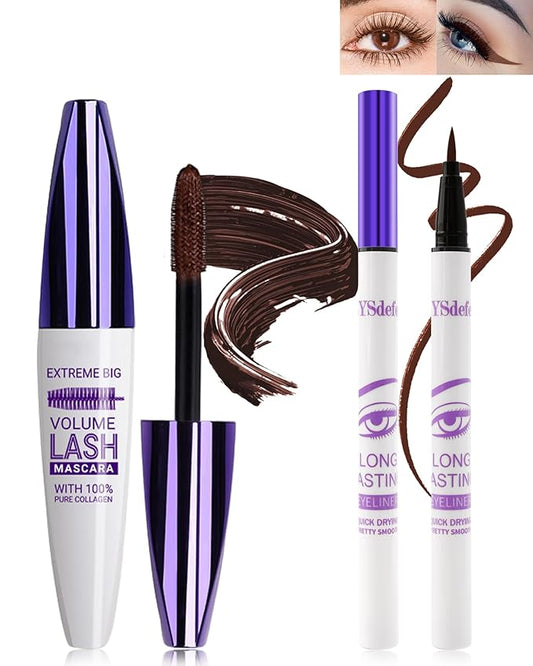 Brown Mascara Liquid Eyeliner Set,5D Waterproof Fiber Colored Mascara Volume and Length,Longlasting Smudgeproof Color Eye Liner Pen,Cosplay Party Stage Use,Christmas Makeup Gift for Women Girl-02