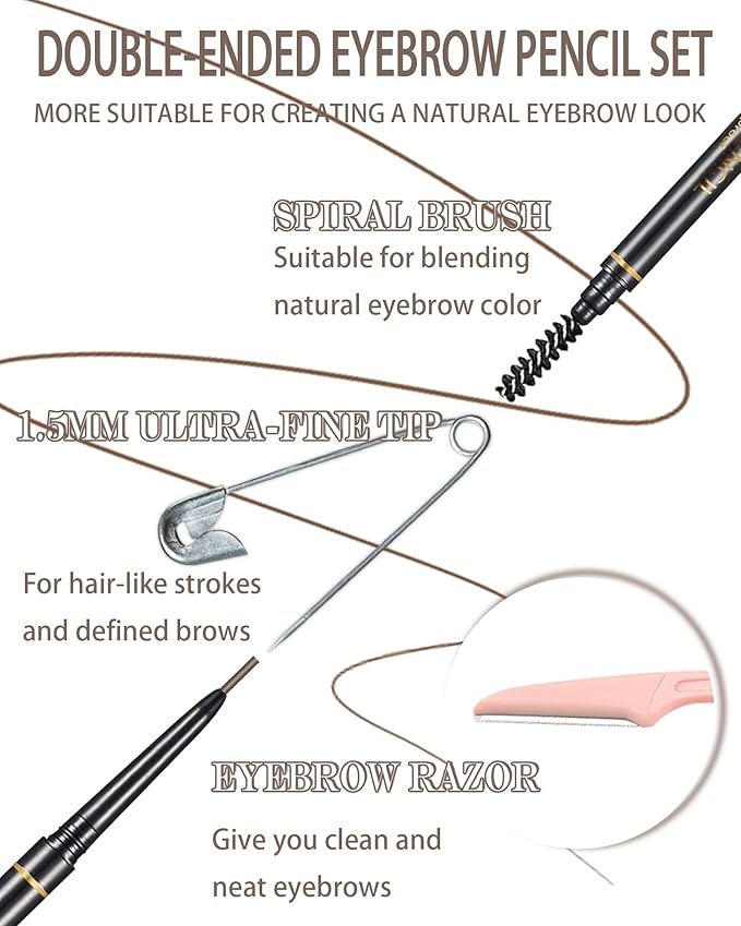 SUMEITANG Dark Brown Eye Brow Pencils for Women, 6Pcs Waterproof Eyebrow Pencil, 1.5mm Micro-Fine Tip & Spiral Brush with Brow Razors Perfect for Creating a Natural and Delicate Eyebrow Look Makeup