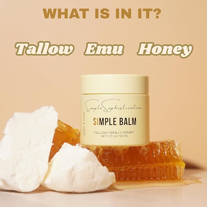 Simple Sophistication Tallow Emu Honey Balm | Nourishing Face & Body Moisturizer with Manuka Honey & Emu Oil, Non-Greasy Natural Skincare (2 oz, Simple Balm, 2 oz)