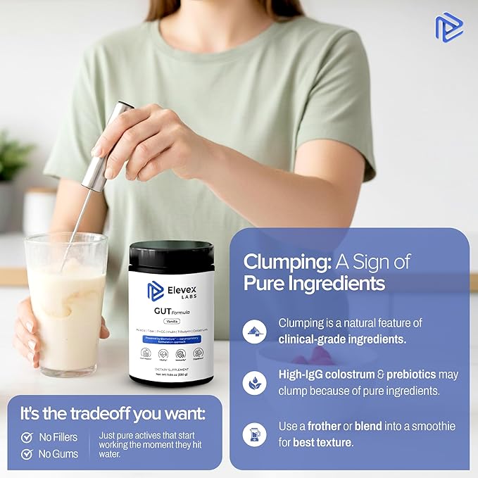 Elevex Gut Health Powder – 3g Colostrum (30% IgG) + Tributyrin (≥60% Butyrate Purity) + PHGG Prebiotics – Gut Lining, Gut–Brain & Bloating Support – BiomeCore™ – 30 Servings (Vanilla)