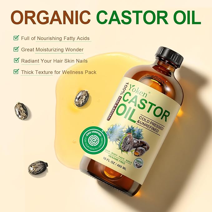 Yoken EWG Verified Castor Oil Organic Glass Bottle 16 fl oz 100% Pure Natural Cold Pressed Castor Oil for Hair, Face, Body, Eyelash, Skin - Hexane Free, Unrefined, Virgin, Rich Fatty Acid