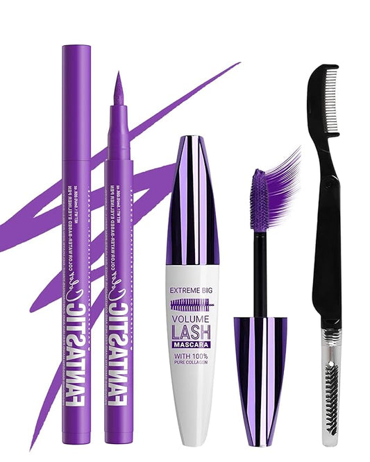 Waterproof Purple Mascara&Liquid Eyeliner Pen Set,Volumizing Colored 5D Fiber Mascara for Eyelash Volume and Length Máscara,Longlasting Smudgeproof Matte Color Eye Liner Pencil Women Party Stage Use