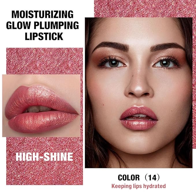 Rose Red Shimmer Metallic Moisturizing Glow Plumping Lipstick Makeup, Lipstick with Metallic 3D Shine Lightweight Hydrating Formula, Glitter Lip Gloss Stain Long Lasting Waterproof (14#Rose Red)