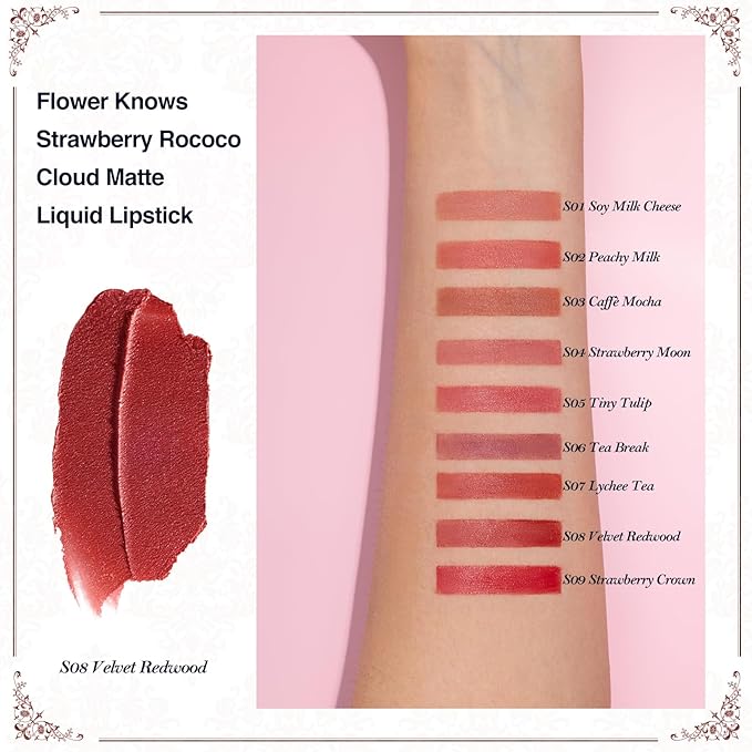 Flower Knows Strawberry Rococo Cloud Lip Cream,Long Lasting Burgundy Matte Lipstick,Hydrating Lip Stain,Transfer & Smudge Proof Velvet Liquid Lipstick for Girls&Women,0.12 Fl Oz(S08 Velvet Redwood)