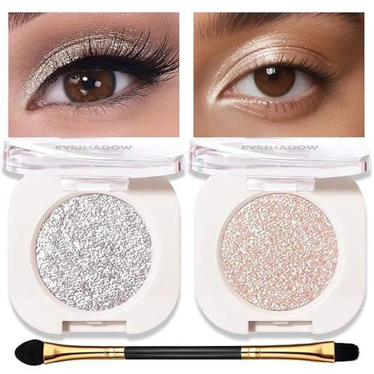 Shimmer Glitter Eyeshadow Palette 2 PCS, Pear White Silver Eye Shadow Palettes Sparkle Neutral Eyeshadow for Women, Smooth Powder Lightweight Blendable Compact Daily Eyes Makeup, Set B