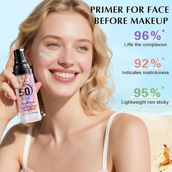 3 in 1 Primer for Face Before Makeup, SPF 50 PA+++, One Step Color Correcting Makeup Face Primer, Oil Control Moisturizing Sunscreen Makeup Color Corrector Facial Serum Radiance Skin