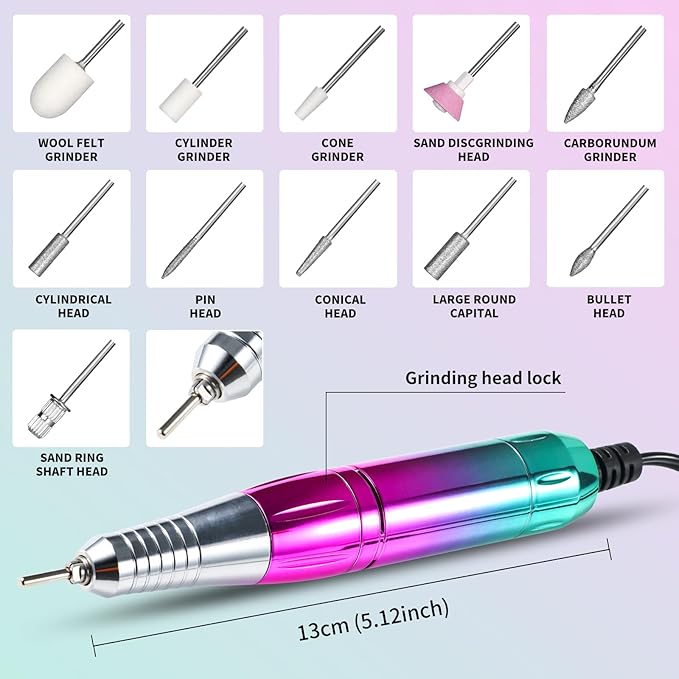 ANRLO Professional Electric Nail Drill, 45000 RPM Cordless Rechargeable E-File Machine, with 12 Bits, Sanding Bands, LCD Display for Acrylic Gel Nails (DMJTZ-708-Green-US)