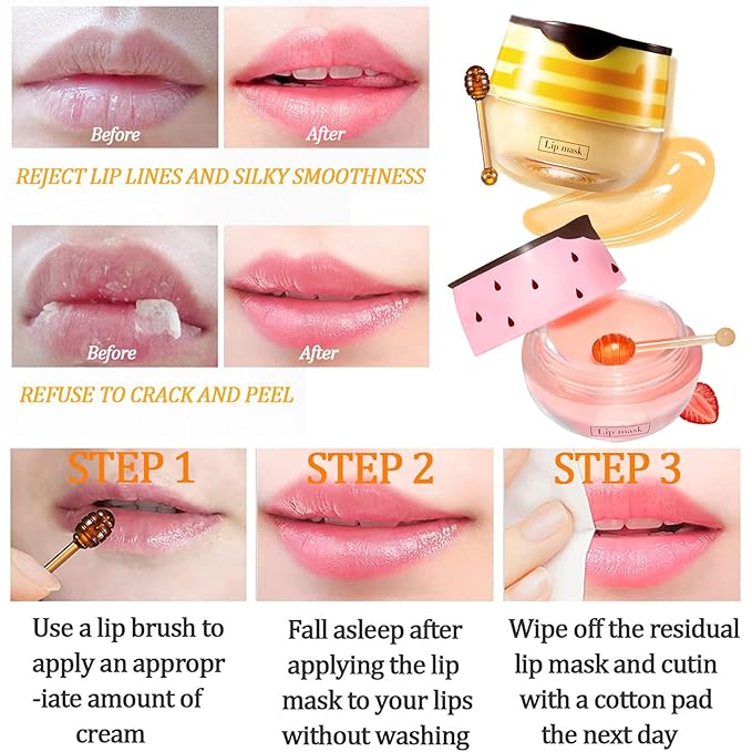 Bee Lip Balm Honey Pot, 4 Pack Honey & Strawberry Lip Mask Propolis Lip Mask Moisturizing Hydrating Prevention Dry and Cracked Lip Scrubs Exfoliator (2 Honey+2 Strawberry) (D#)