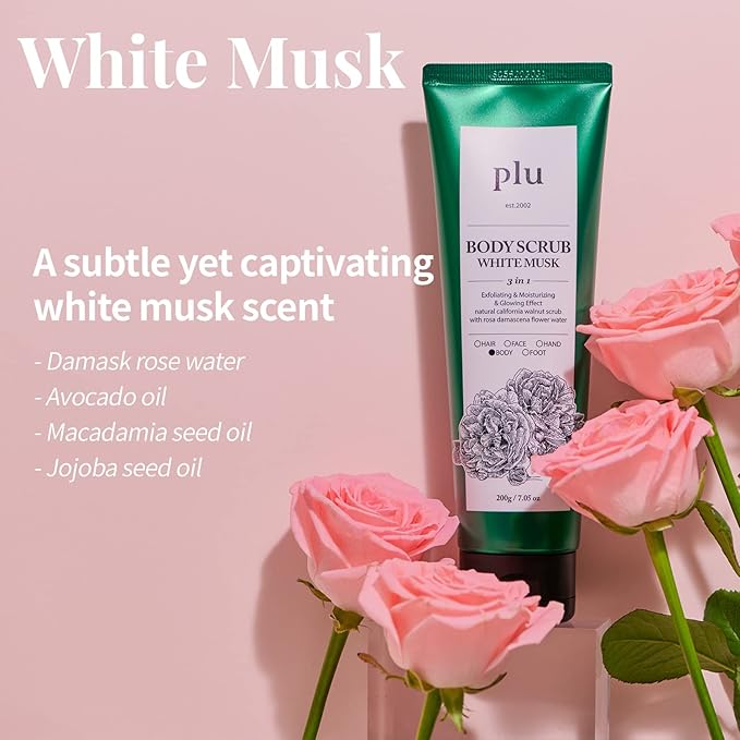 PLU Original Korean Walnut Body Scrub Polish - White Musk - Exfoliating & Hydrating Glow for Smooth, Radiant Skin Texture - Soft Musk Scent, 6.76 oz.