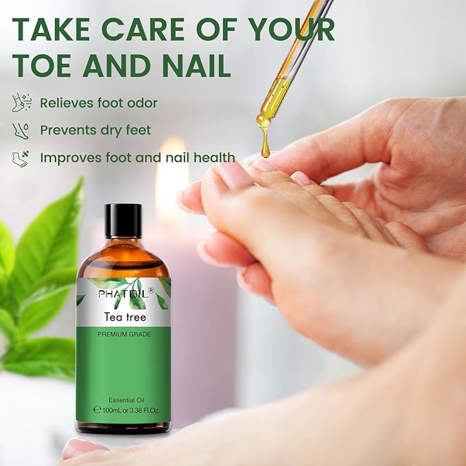 PHATOIL Pure Tea Tree Essential Oil, 100% Pure Therapeutic Grade Premium Oil for Hair Care, Nail Care, Skin Care, Aromatherapy 3.38Fl Oz