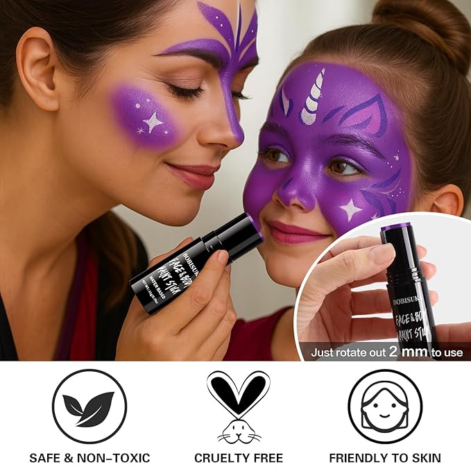 BOBISUKA Purple Face & Body Paint Stick Water-Based Washable Face Paint Makeup Stick for Halloween Witch, Zombie, Skull, Clown, Butterfly, Galaxy, Cosplay, SFX, Sports Eye Black & Costume Party