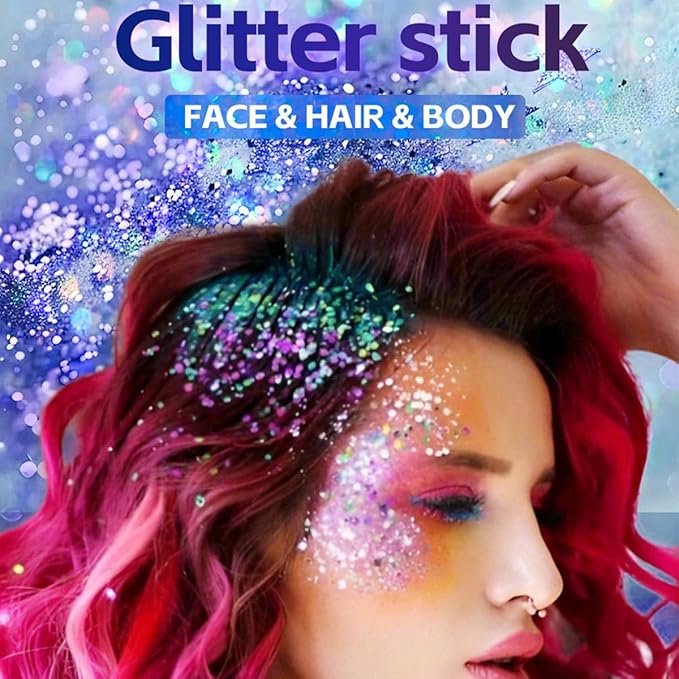 2Pcs Body Glitter Stick,Face Hair Glitter Christmas Makeup,Waterproof Sparkle Festival for Women and Girls,Rainbow and Gold
