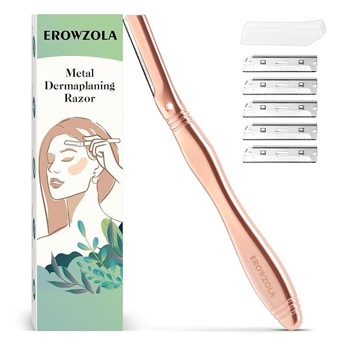 EROWZOLA Eyebrow Razor for Women and Men, Face Razors for Women, Dermaplane Razor with Protective Silicone Cover, Reusable Metal Handle with 6 Refill Blades, Skin Care Tool - Rose Gold