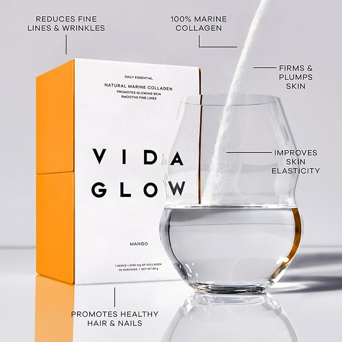 Vida Glow Marine Collagen Powder - Anti Aging Supplement with Collagen Peptides, Promotes Glowing Skin, Strong Nails, Healthy Hair | 30 Servings, Mango Flavor
