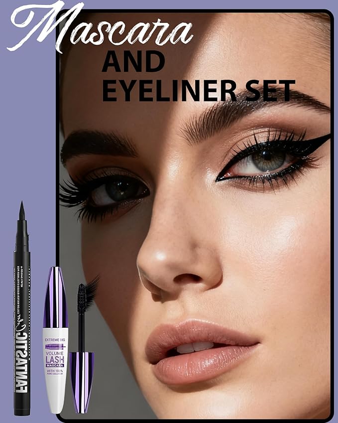 Waterproof Black Mascara&Liquid Eyeliner Pen Set,Volumizing Colored 5D Fiber Mascara for Eyelash Volume and Length Máscara,Longlasting Smudgeproof Matte Color Eye Liner Pencil Women Party Stage Use