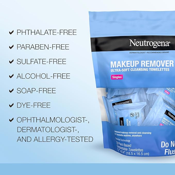 Neutrogena Makeup Remover Wipes, Daily Single Face Cleansing Towelettes, Makeup Removing Cleansing Wipes Removes Dirt & Oil, Alcohol-Free Face Towelettes, 20 ct