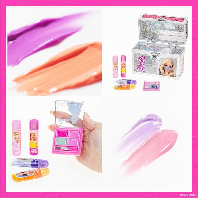 Barbie Beauty Mini Train Case Set Includes Lip Gloss Tube, Lip Balm, Lip Gloss Compact for Girls Party Sleepovers by Townley Girl