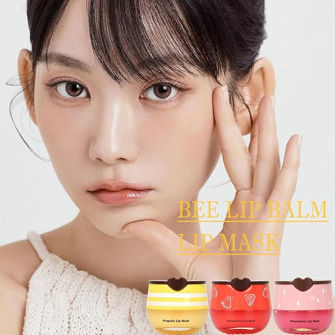 3 PCS Bee Lip Balm Lip Mask Honey Pot, Honey & Strawberry & Watermelon Lip Sleeping Mask Overnight Moisturizing Honey Lip Balm, Hydrating Prevention Dry & Cracked Lip Scrubs Lip Care