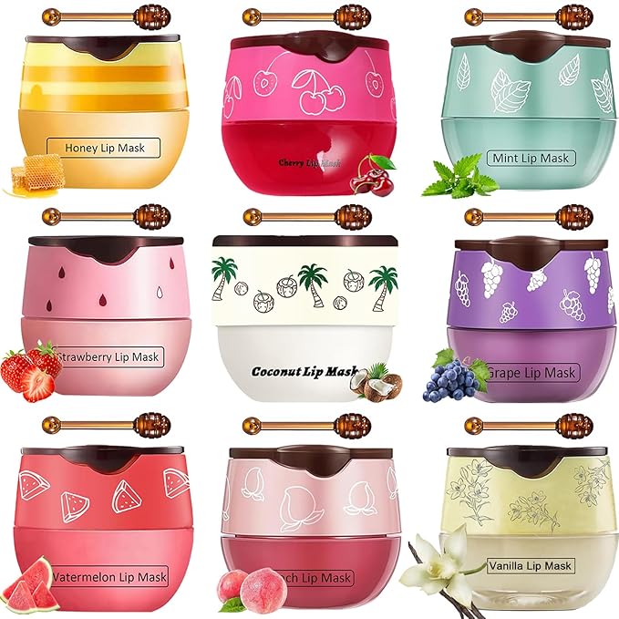 9 PCS Bee Lip Balm Honey Pot, Strawberry Watermelon Cherry Coconut Peach Mint Grape Vanilla, Honey Lip Balm Bulk with Stick, Lip Mask Overnight Hydrating for Dry and Crack