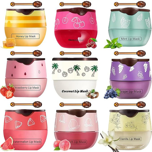 9 PCS Bee Lip Balm Honey Pot, Strawberry Watermelon Cherry Coconut Peach Mint Grape Vanilla, Honey Lip Balm Bulk with Stick, Lip Mask Overnight Hydrating for Dry and Crack