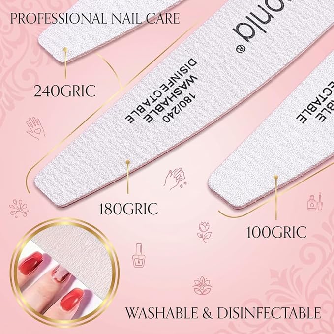 Klimonla 25pcs Professional Half Moon Nail Files Emery Board Set 180/240 Grit Dual-Grit Buffer Files for Natural & Acrylic Nails Tools Suit for Home Salon