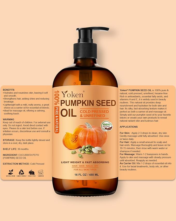 Pumpkin Seed Oil for Hair & Scalp Care, Glass Bottle, Unrefined, Cold-Pressed & Hexane-Free, Nourishes Hair, 100% Pure & Natural Pumpkin Oil for Skin & Body Massage, with Pump, 16 fl oz