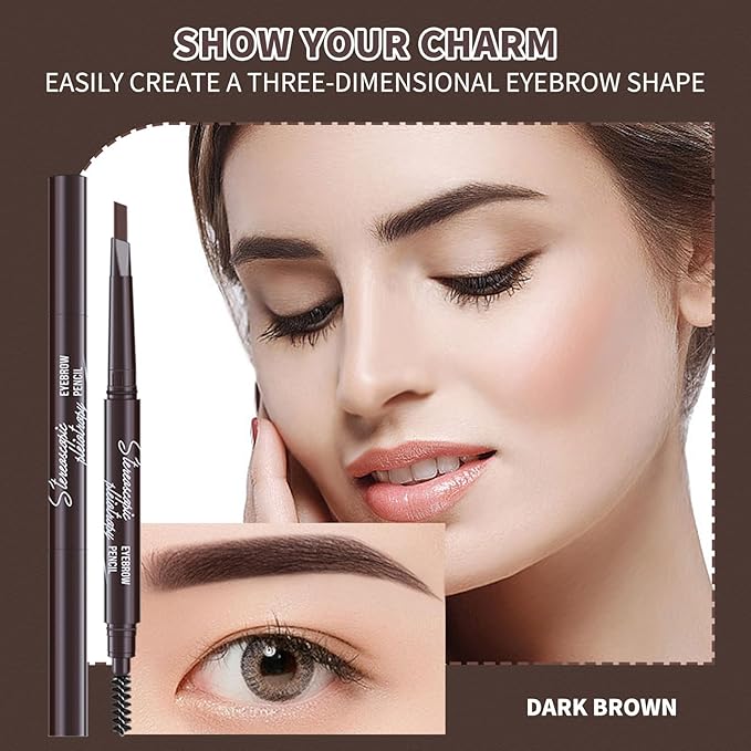 Berinist 12pcs Dark Brown Waterproof Eyebrow Pencils for Women, Retractable Dual-End Eye Brow Pencil with Brush, Triangular Tip Design, Easier to Define and Fill in Eyebrows for Natural Brow Shape