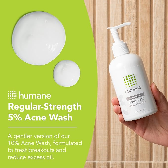 humane Benzoyl Peroxide Face Wash - 5% Regular-Strength Acne Face Wash For Skin, Back & Body - 8 Fl Oz - Dermatologist-Tested Non-Foaming Cleanser - Benzoyl Peroxide Acne Treatment - Cruelty-Free