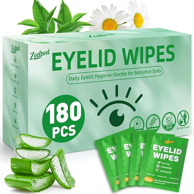 180PCS Tea Tree Oil Eyelid Wipes – Individually Wrapped Eye Lid Cleaning Wipes，Soothing For Sensitive Eyes, Stay Hydrated Lid Wipe