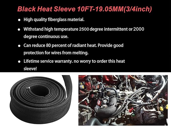 Heat Shield Sleeve Fuel Line Heat Shield Auto Hose Spark Plug Wire Cover Protectors Boots Roll 2500 Degree for Car&Auto Wire Loom Brake Cable (3/4" IDX10', BLACK)