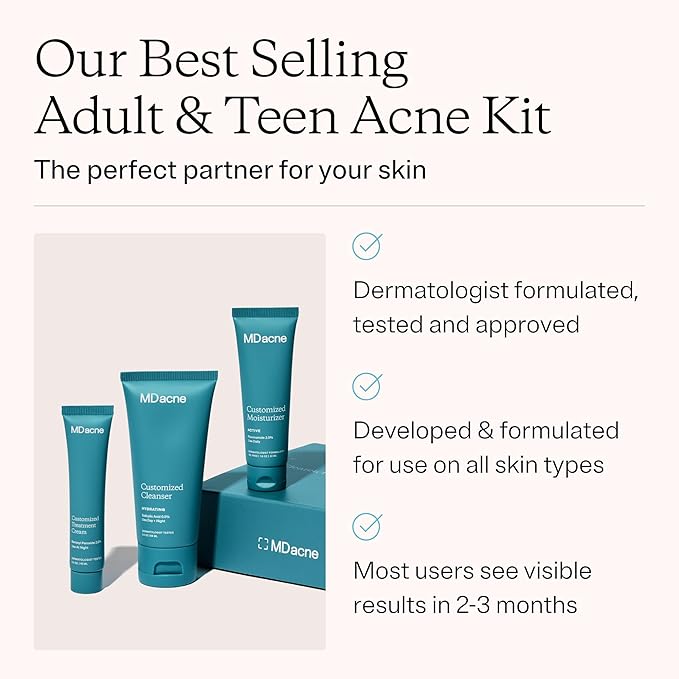 MDacne 3 Step Face Acne Treatment Kit, Benzoyl Peroxide Cream 2.5%, Salicylic Acid Cleanser, Niacinamide Moisturizer – Medicated Plant-Based Skincare for Adult & Teen Acne, 30 Day Kit